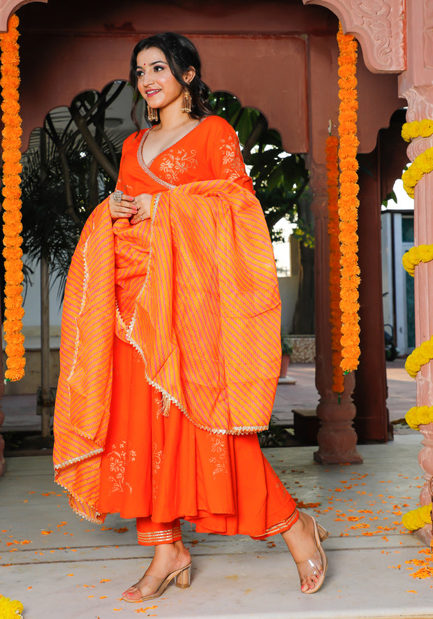 Orange Block Printed Angrakha Anarkali Suit Set 201-ORG