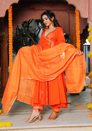 Orange Block Printed Angrakha Anarkali Suit Set 201-ORG