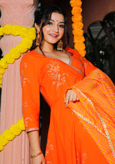 Orange Block Printed Angrakha Anarkali Suit Set 201-ORG