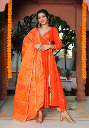 Orange Block Printed Angrakha Anarkali Suit Set 201-ORG