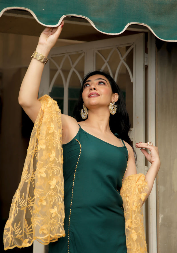 Bottle Green Gota Lace Embellished Suit Set 212-GRN