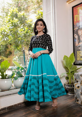 Women Black-Teal Blue Floral Block Print Anarkali Kurta 213-BLU