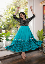 Women Black-Teal Blue Floral Block Print Anarkali Kurta 213-BLU