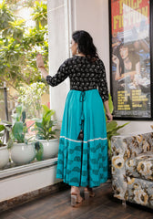 Women Black-Teal Blue Floral Block Print Anarkali Kurta 213-BLU