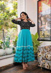 Women Black-Teal Blue Floral Block Print Anarkali Kurta 213-BLU