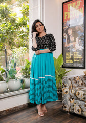 Women Black-Teal Blue Floral Block Print Anarkali Kurta 213-BLU