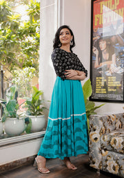Women Black-Teal Blue Floral Block Print Anarkali Kurta 213-BLU