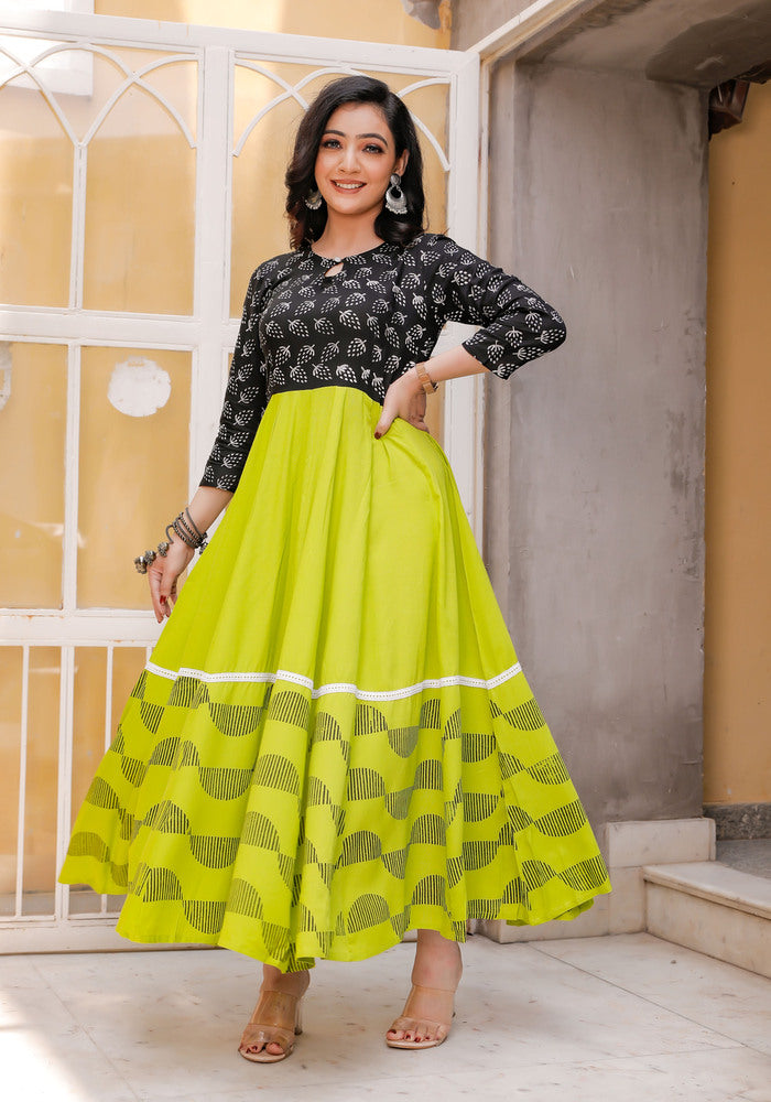 Women Black-Green Floral Block Print Anarkali Kurta 213-GRN