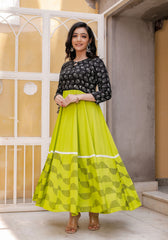Women Black-Green Floral Block Print Anarkali Kurta 213-GRN