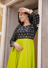 Women Black-Green Floral Block Print Anarkali Kurta 213-GRN