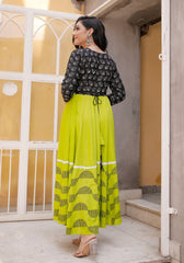 Women Black-Green Floral Block Print Anarkali Kurta 213-GRN