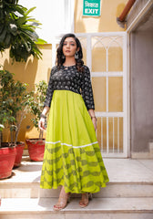 Women Black-Green Floral Block Print Anarkali Kurta 213-GRN