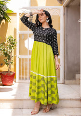 Women Black-Green Floral Block Print Anarkali Kurta 213-GRN