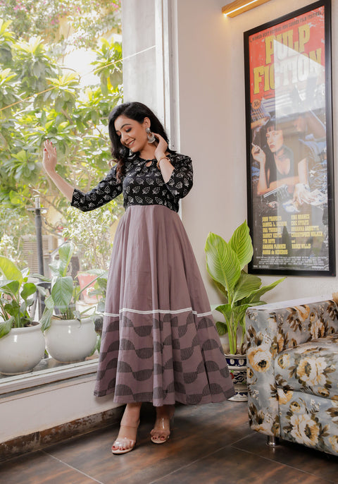 Women Black-Grey Blue Floral Block Print Anarkali Kurta 213-GRY