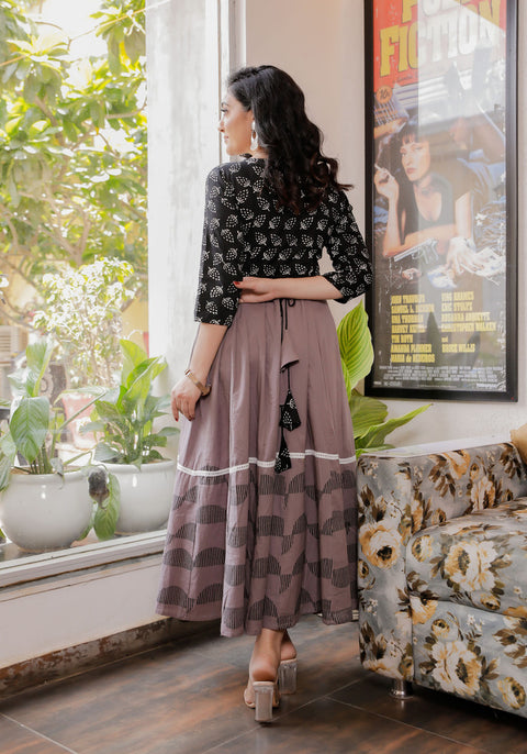 Women Black-Grey Blue Floral Block Print Anarkali Kurta 213-GRY