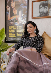 Women Black-Grey Blue Floral Block Print Anarkali Kurta 213-GRY