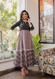 Women Black-Grey Blue Floral Block Print Anarkali Kurta 213-GRY