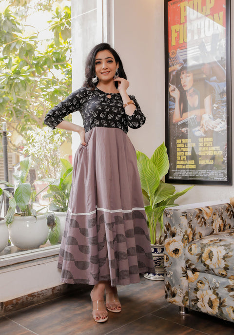 Women Black-Grey Blue Floral Block Print Anarkali Kurta 213-GRY