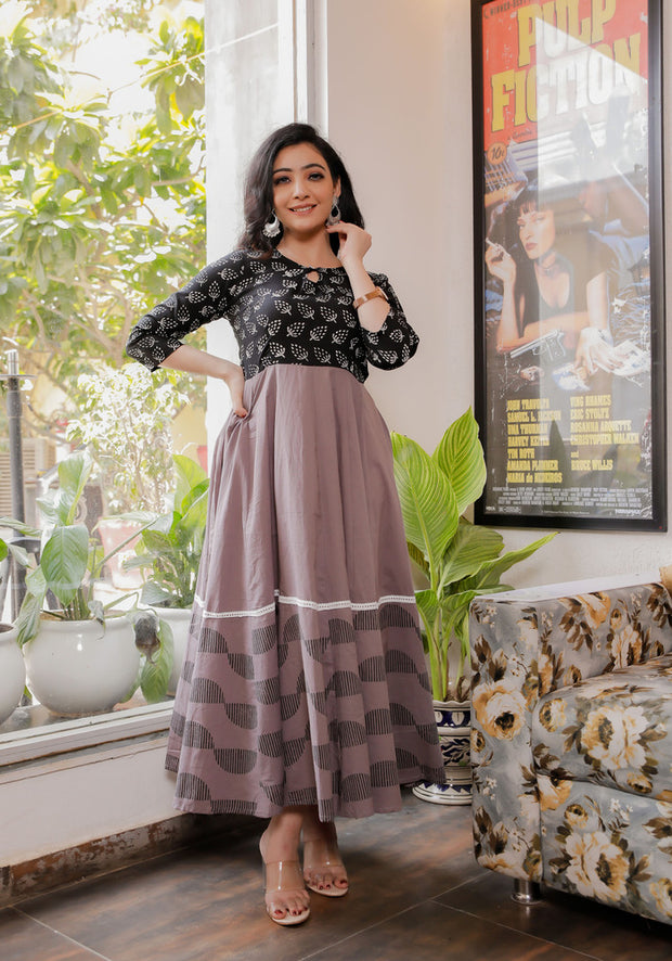 Women Black-Grey Blue Floral Block Print Anarkali Kurta 213-GRY