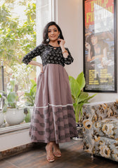 Women Black-Grey Blue Floral Block Print Anarkali Kurta 213-GRY