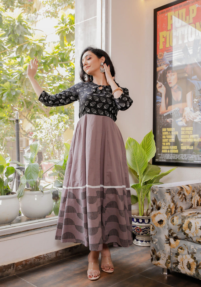 Women Black-Grey Blue Floral Block Print Anarkali Kurta 213-GRY