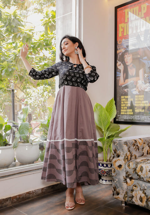 Women Black-Grey Blue Floral Block Print Anarkali Kurta 213-GRY