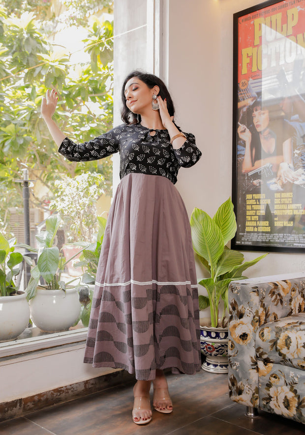 Women Black-Grey Blue Floral Block Print Anarkali Kurta 213-GRY