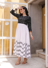 Women Black-White Floral Block Print Anarkali Kurta 213-WHT