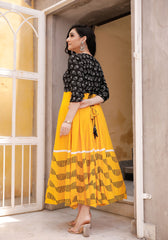 Women Black-Yellow Floral Block Print Anarkali Kurta 213-YLW