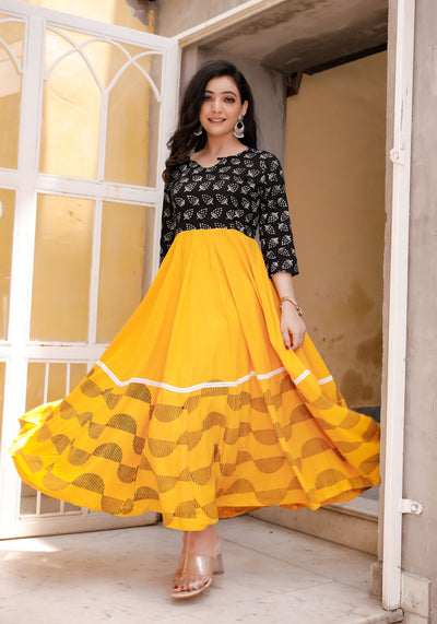 Women Black-Yellow Floral Block Print Anarkali Kurta 213-YLW