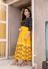 Women Black-Yellow Floral Block Print Anarkali Kurta 213-YLW
