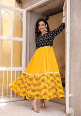 Women Black-Yellow Floral Block Print Anarkali Kurta 213-YLW