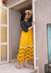 Women Black-Yellow Floral Block Print Anarkali Kurta 213-YLW
