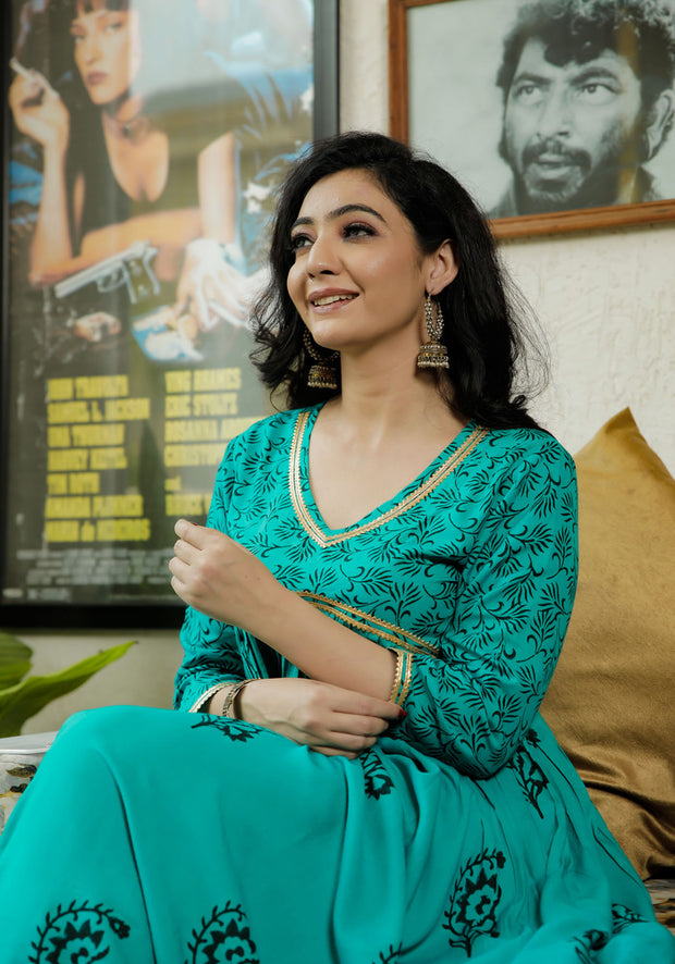 Women Blue Floral Block Print Kurta 214-BLU