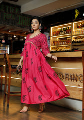 Women Pink Floral Block Print Flared Pink Kurta 214-PNK