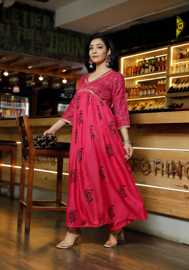 Women Pink Floral Block Print Flared Pink Kurta 214-PNK