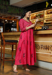 Women Pink Floral Block Print Flared Pink Kurta 214-PNK