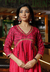 Women Pink Floral Block Print Flared Pink Kurta 214-PNK