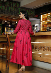 Women Pink Floral Block Print Flared Pink Kurta 214-PNK