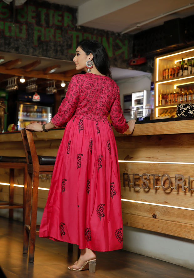 Women Pink Floral Block Print Flared Pink Kurta 214-PNK
