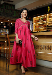 Women Pink Floral Block Print Flared Pink Kurta 214-PNK