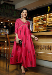Women Pink Floral Block Print Flared Pink Kurta 214-PNK
