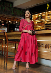 Women Pink Floral Block Print Flared Pink Kurta 214-PNK