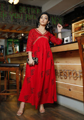 Women Red Floral Block Print Kurta 214-RED