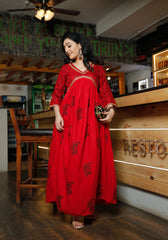 Women Red Floral Block Print Kurta 214-RED