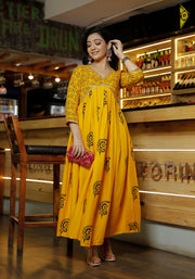 Women Yellow Floral Block Print Yellow Kurta 214-YLW