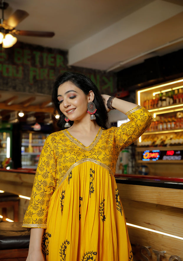 Women Yellow Floral Block Print Yellow Kurta 214-YLW