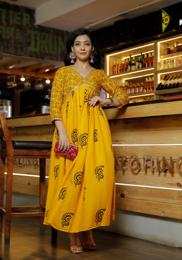 Women Yellow Floral Block Print Yellow Kurta 214-YLW