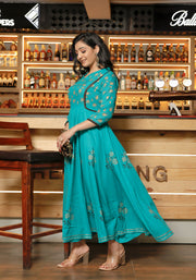 Women Teal Blue Floral Block Print Anarkali Kurta 215-BLU