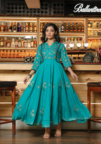 Women Teal Blue Floral Block Print Anarkali Kurta 215-BLU